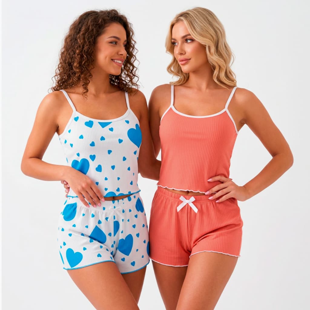 Kit 2 Pijama Feminino Babydoll Canelado Regata e Shortdool Conjunto de Dormir Leve e Fresco