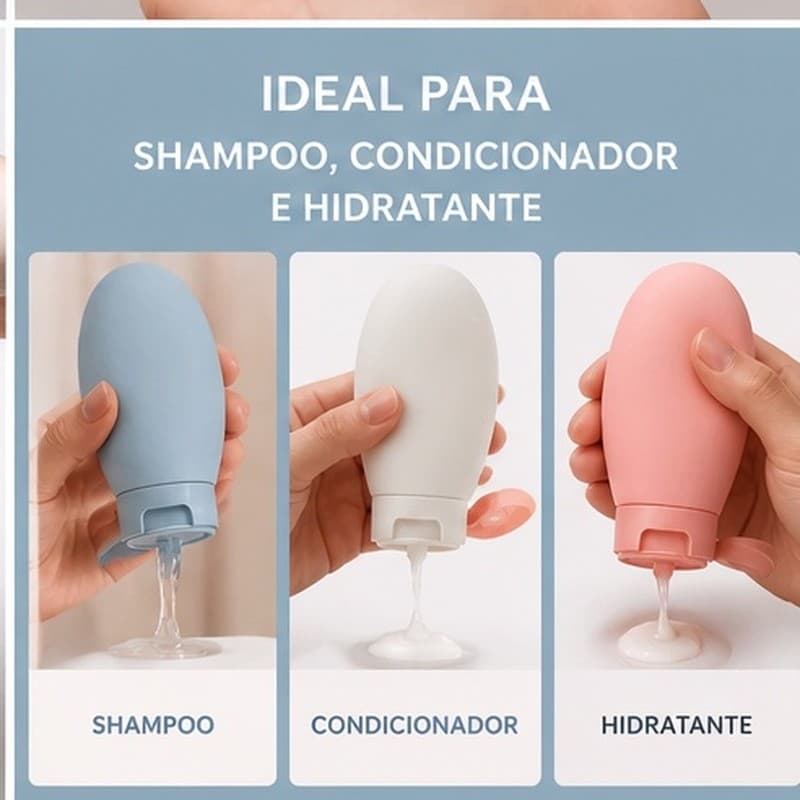 Kit 3 Frascos De Viagem Silicone 60ml Potinhos Para Levar Na Bolsa Fracionar Shampoo Cremes Anti Vazamento