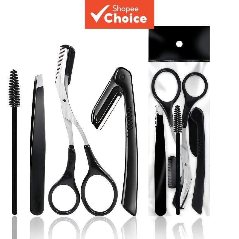 Conjunto De Preparação De Sobrancelha Premium , 4 Peças , Aço Inoxidável , Tesoura Dobrável , Pinça Inclinada , Escova