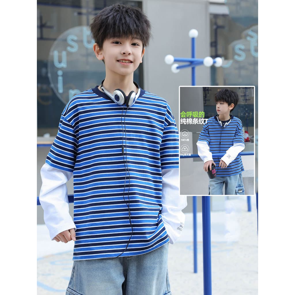 Meninos camiseta de manga comprida listrado All-Match falso camisa de fundo de duas peças roupas de primavera 2026 novo