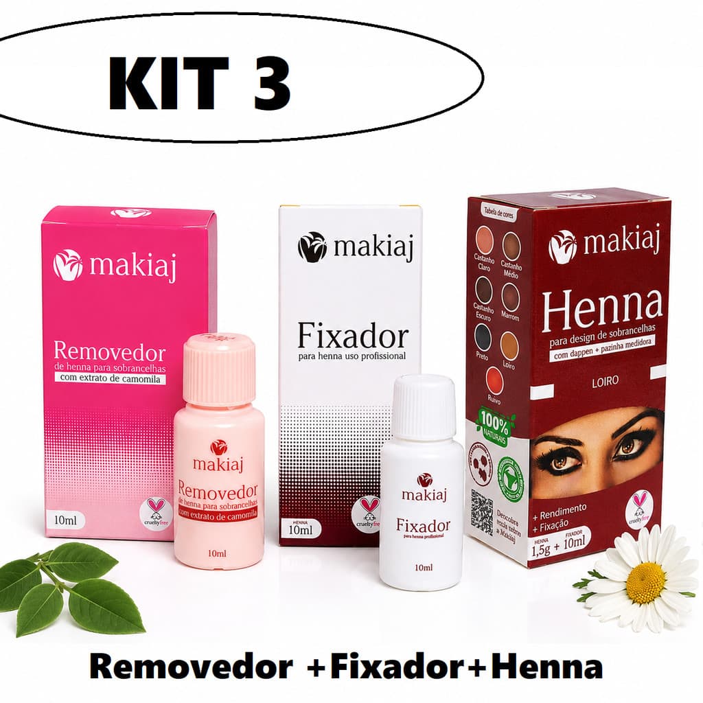 Kit Sobrancelha Henna Makiaj 3 Itens com Henna Fixador e Removedor – 7 Cores
