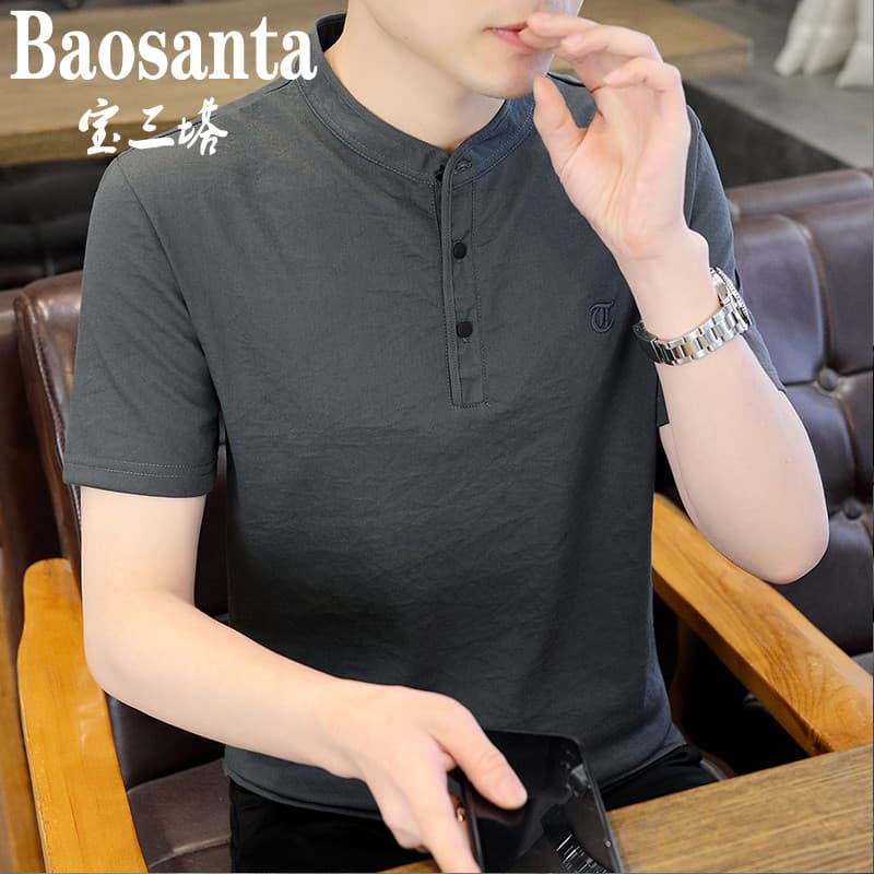 Camisa de manga curta de linho de algodão masculina verão estilo fino juventude gola alta camisa de fundo camisa Casual