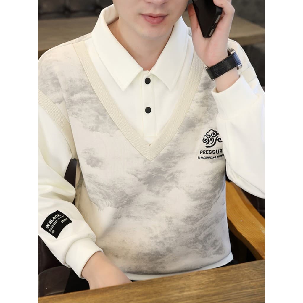 Primavera outono falso de duas peças de manga comprida camiseta masculina lapela moletom camisa POLO masculina Casual bo