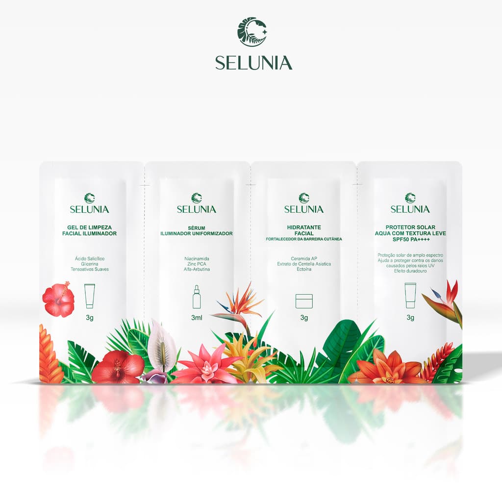 Kit Skincare Selunia: Sérum+Protetor Solar+Gel de Limpeza+Hidratante Facial 4 Miniatura Original 12g