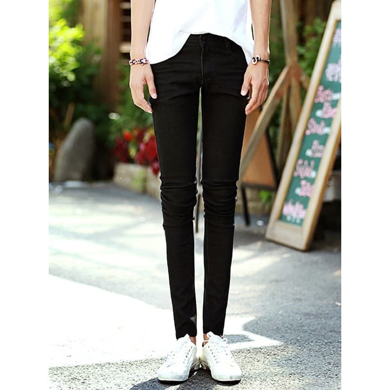 Masculino simples de alta qualidade estiramento fino ajuste preto Jeans masculino All-Match na moda rufião pele bonita