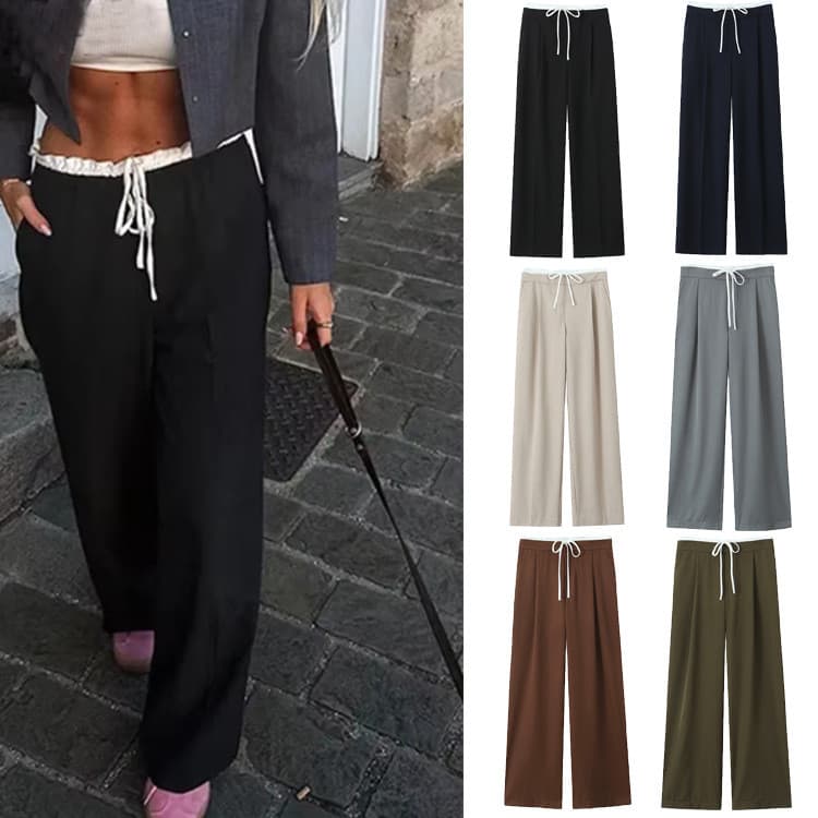 Primavera Novo Estilo Roupas Femininas Com Cordão Cintura Alta Solta Perna Larga 1608225