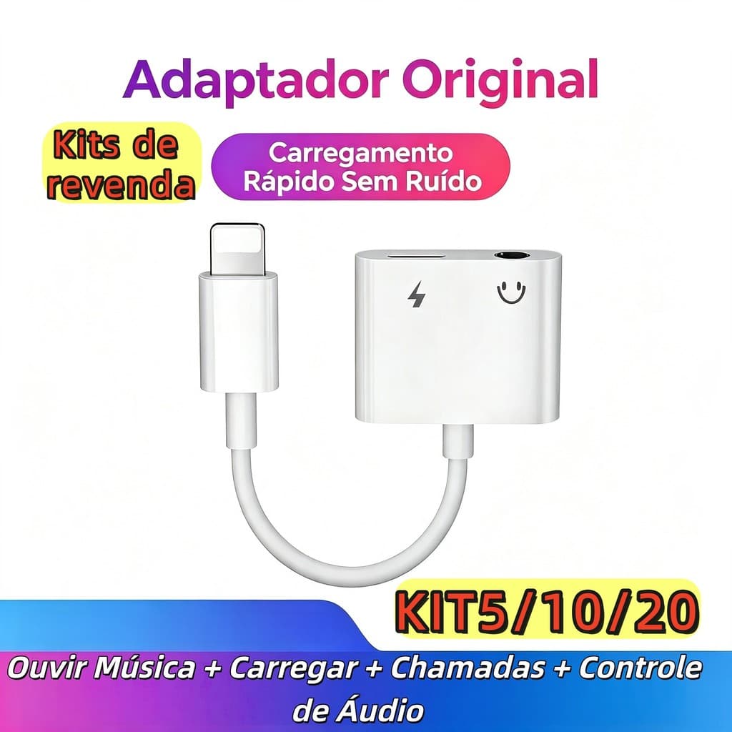 Atacado Kit 5/10/20 Adaptador Duplo Lightning P2 iPhone  Áudio 24bit 48kHz Recarga Simultânea |Carregador Compatível iOS