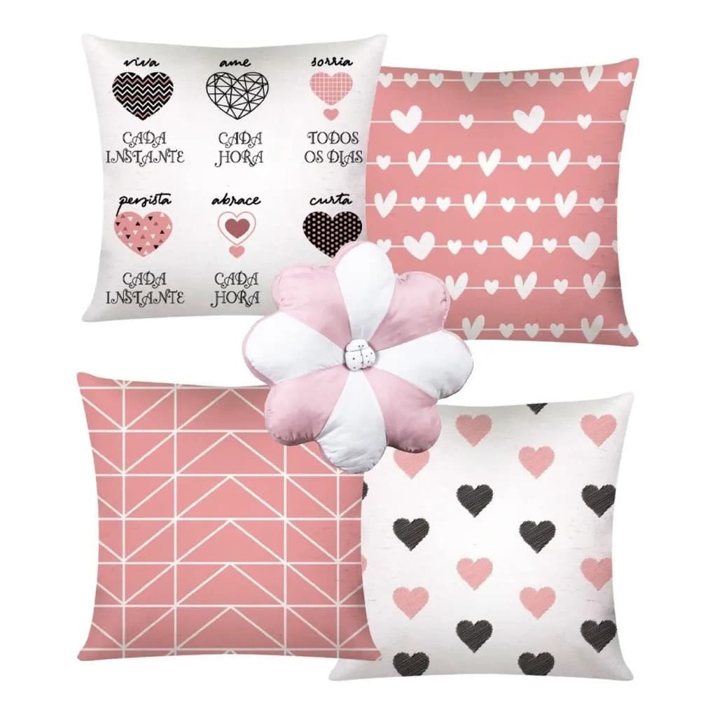 Kit 04 Capas De Almofada Luxo + 1 Almofada Flor Coração Rosa