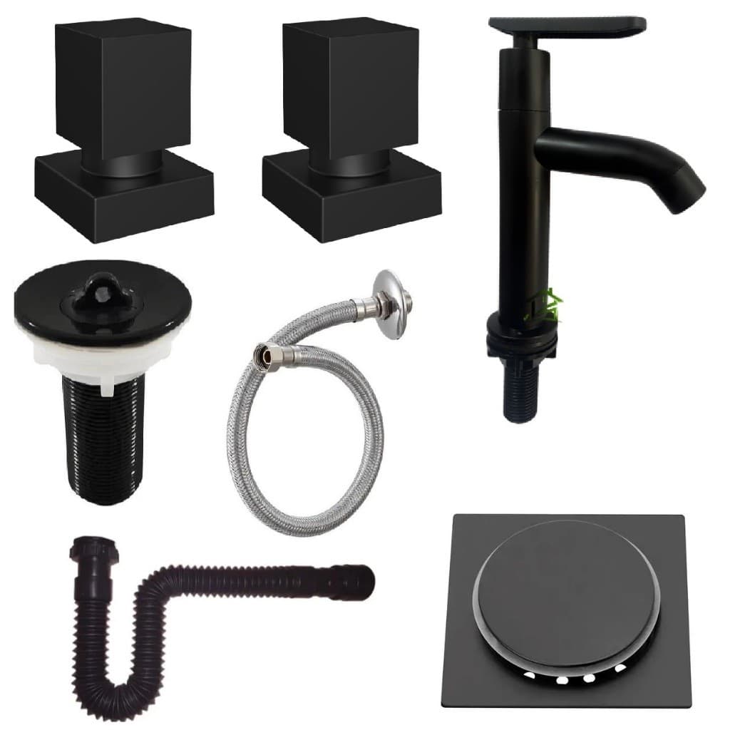Kit Torneira lavatório Preto Black banheiro Ralo click Valvulá Sifão Engate Acabamento Para registro