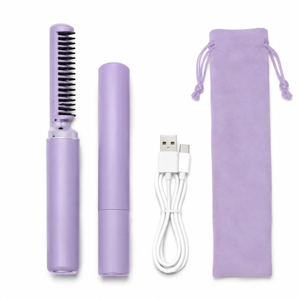 Pente Alisador Elétrico Portátil Recarregável USB, Modelador de Cabelo com Bolsa para Viagemc