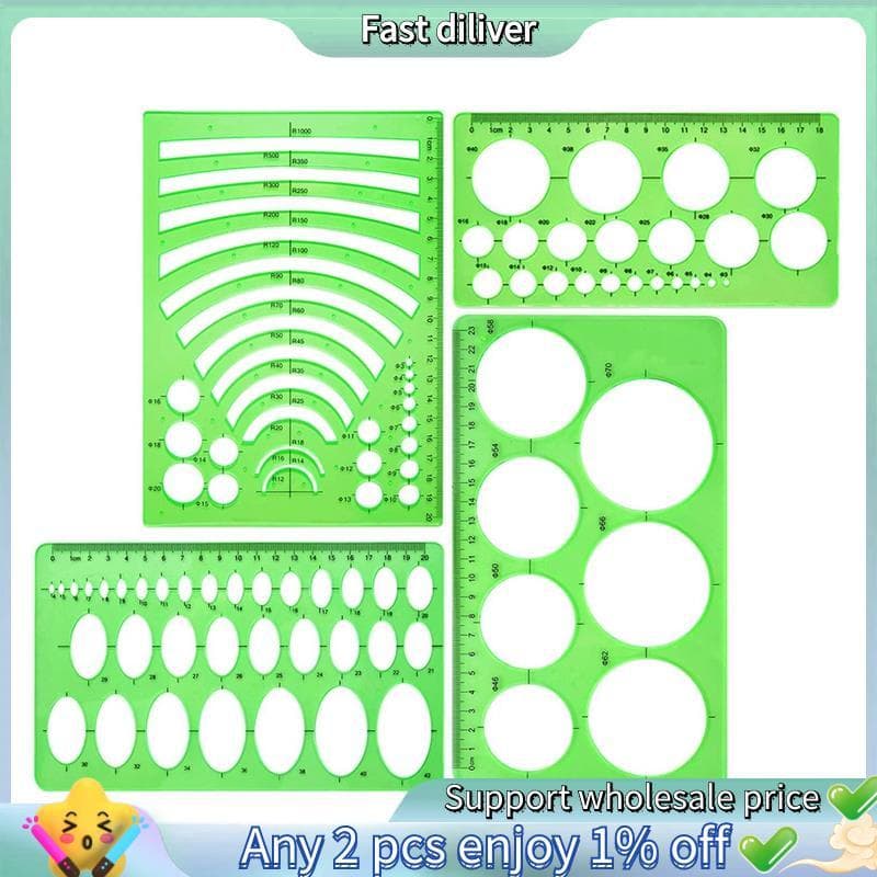 Modelo De Réguas De Plástico , 4 Peças , Círculo Oval , Raio , Modelos De Desenho Para E Material Escolar , Verde Limpo