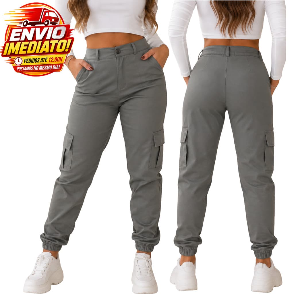 Calça Jogger Cargo Feminina Tática em Sarja Cintura Alta com Bolso Lateral