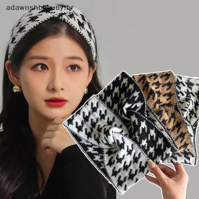 Adwnshbyuay Estilo Coreano Houndstooth Malha Lã Moda Feminina De Abas Largas Retro Turbante Acessório De Cabelo BR