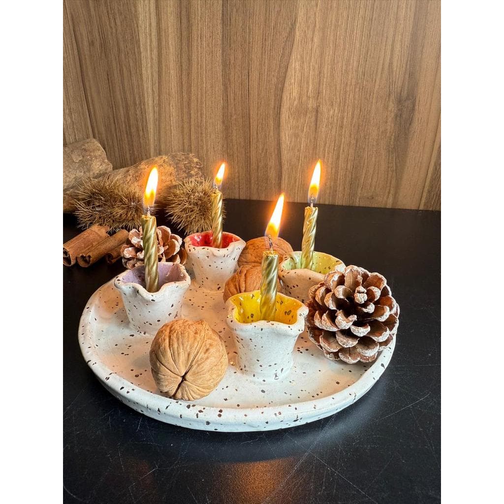 Castiçal de Advento para 4 Velas de Cerâmica Artesanal Prato