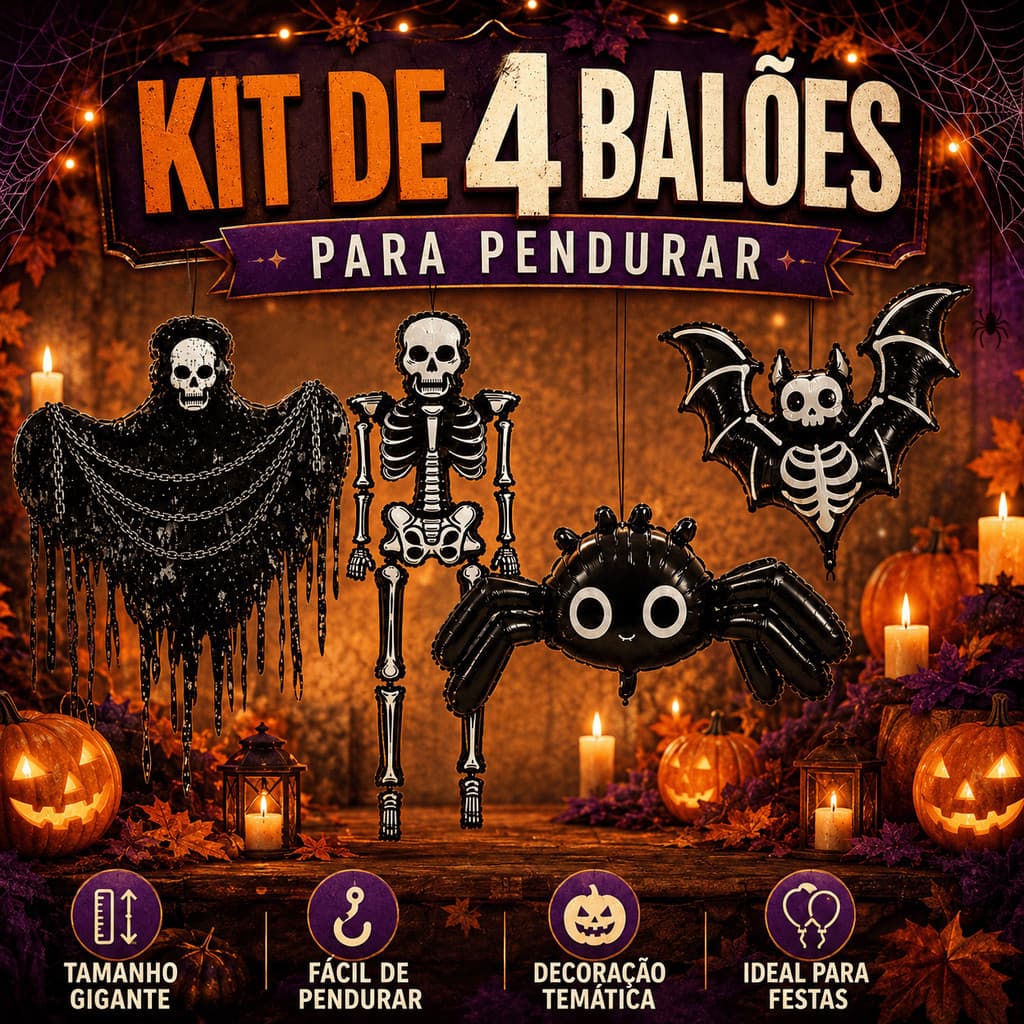Kit 4 Balões Infláveis Gigantes Halloween Esqueleto Morcego Aranha para Pendurar Decoração de Festa Temática