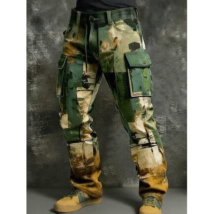 [Venda quente] Macacão masculino com costura camuflada retrô com vários bolsos, macacão Casual reto com cordão [envio rá