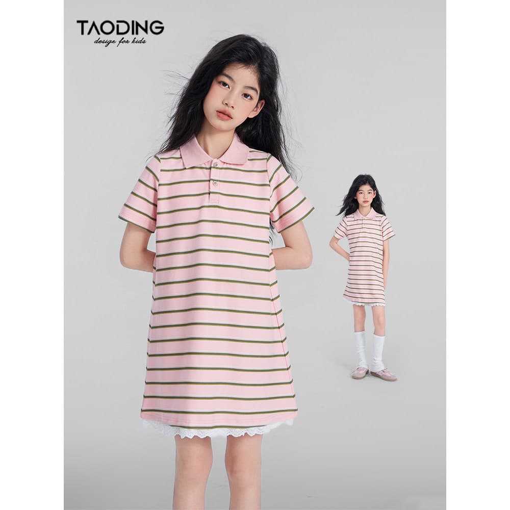 Taoting Meninas Vestido Listrado Verão Novo Estilo Micro A Solto Tecido Jacquard Renda Costura Saia polo Saia