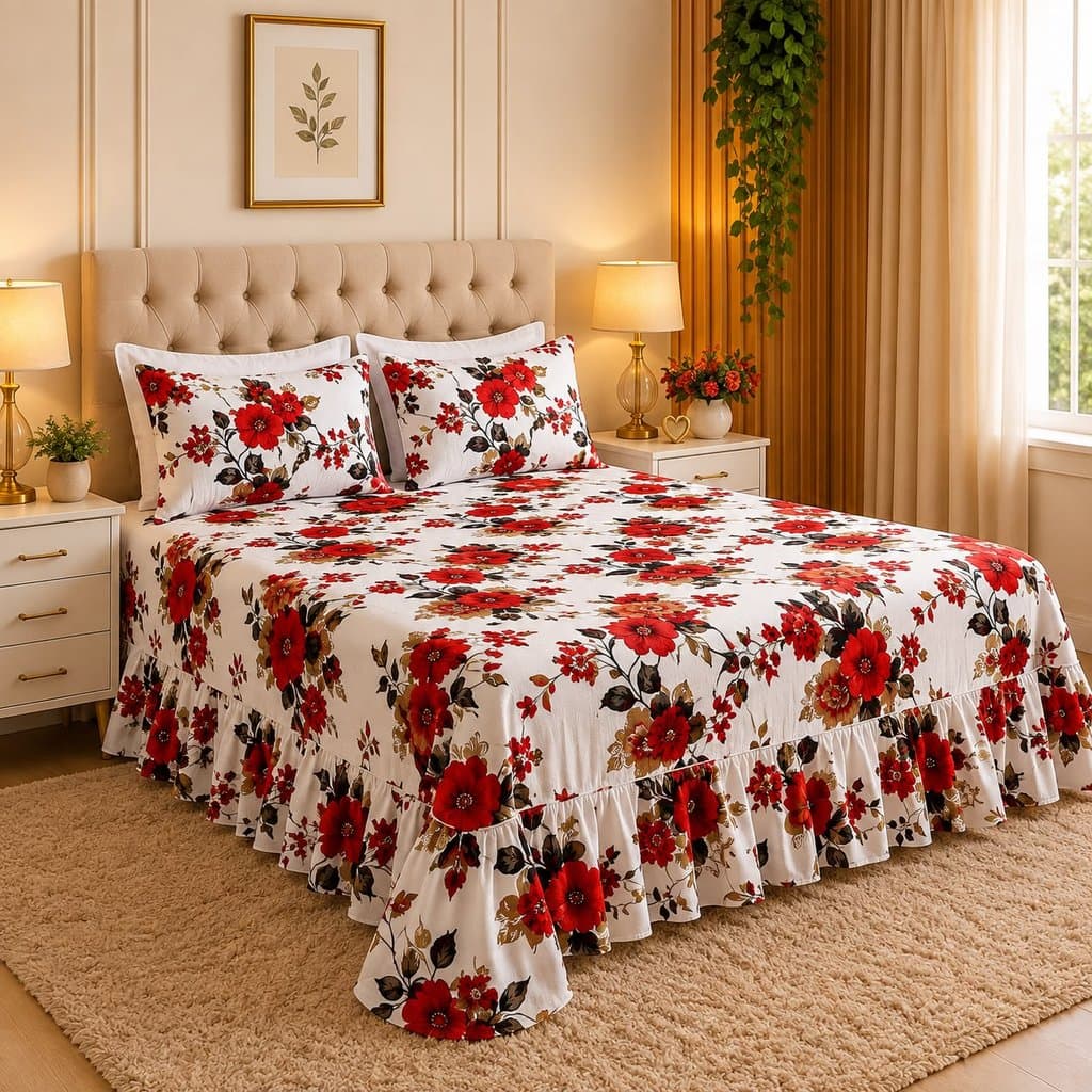 Colcha de Cama Casal Queen Cobre Leito Com Babado Com 2 Fronha Algodão Premium