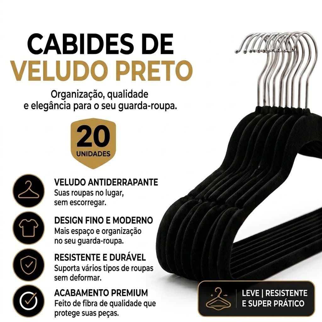 Cabide de Veludo Preto Slim Antideslizante Ultrafino 5 10 20 30 Unidades Guarda Roupa Organizado