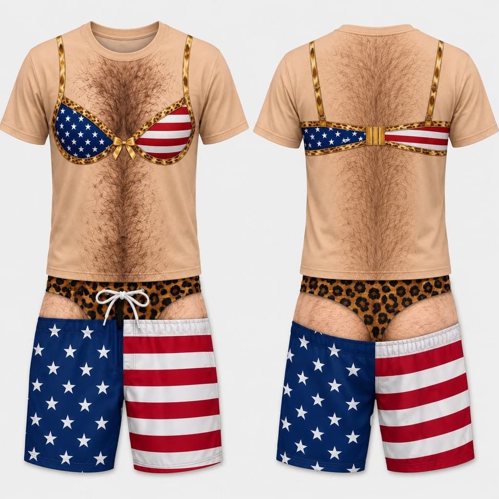 Conjunto De Roupas Masculinas Engraçadas De Ilusão Óptica 3D , Biquíni Falso Com Estampa De Peito Peludo + Shorts De Leo