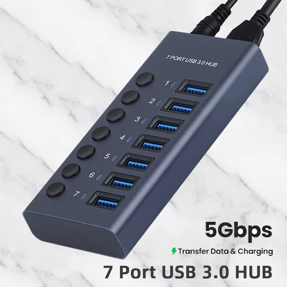 Hub USB3.0 De Alumínio Industrial Divisor De 7 Portas Com Adaptador De Alimentação De 12V Para Carregador Macbook PD