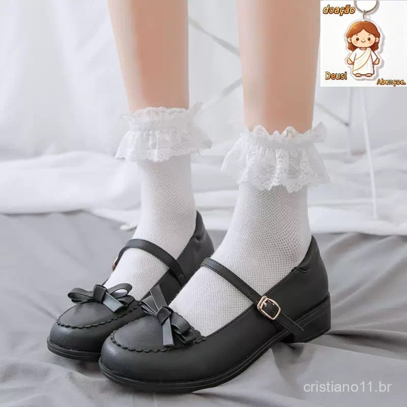 Sapato Mary Jane com babado de rede branca, acessório Lorita yh7007 Saara.