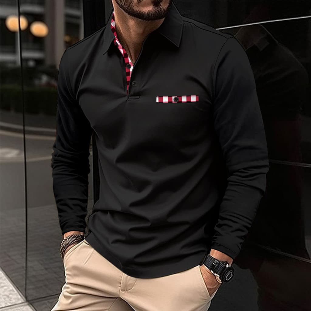 Camisa polo Estampada Cor Sólida Casual Manga Longa Top Masculino