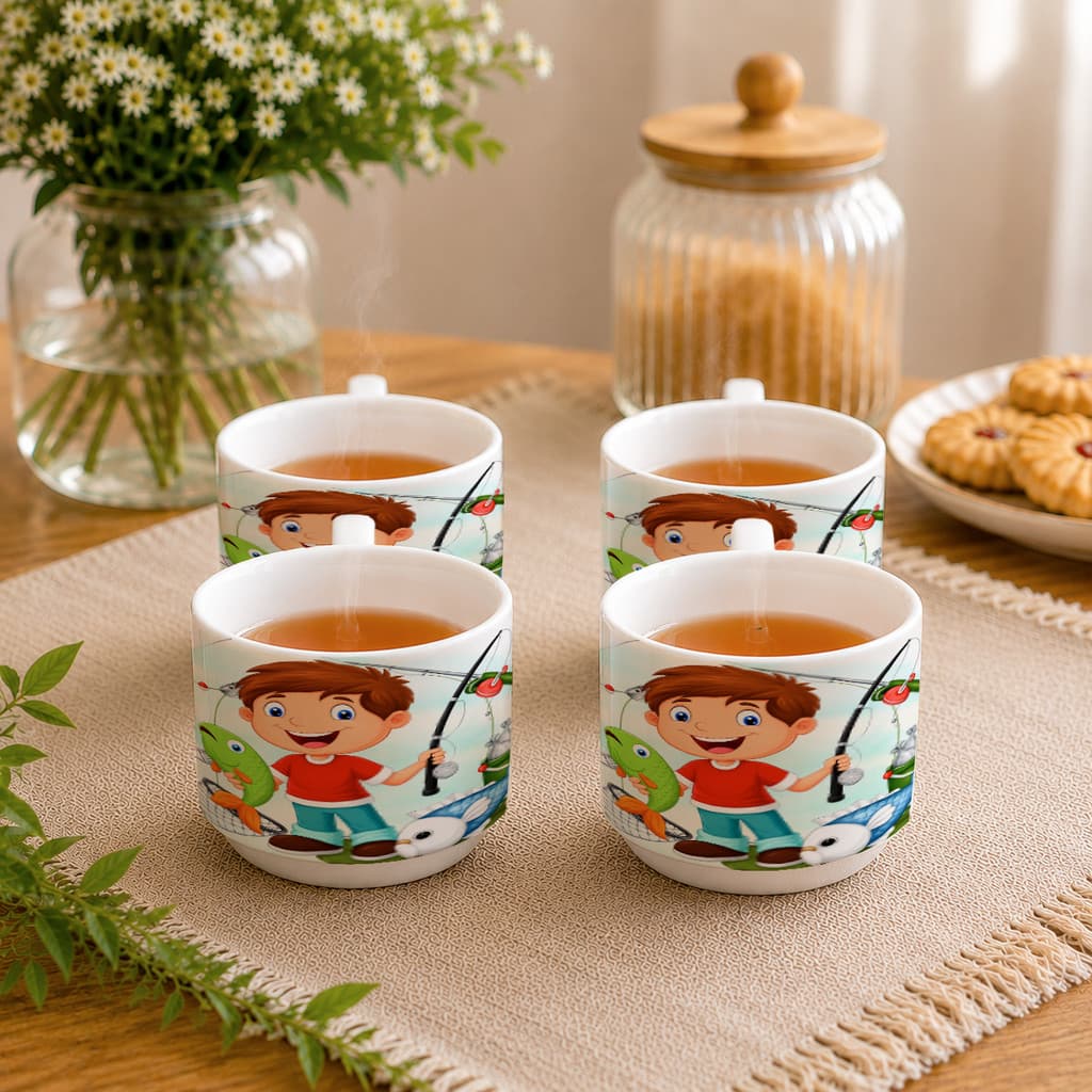 Kit 4 Xícaras Porcelana Pesca Pescaria Pescador Peixe Anzol