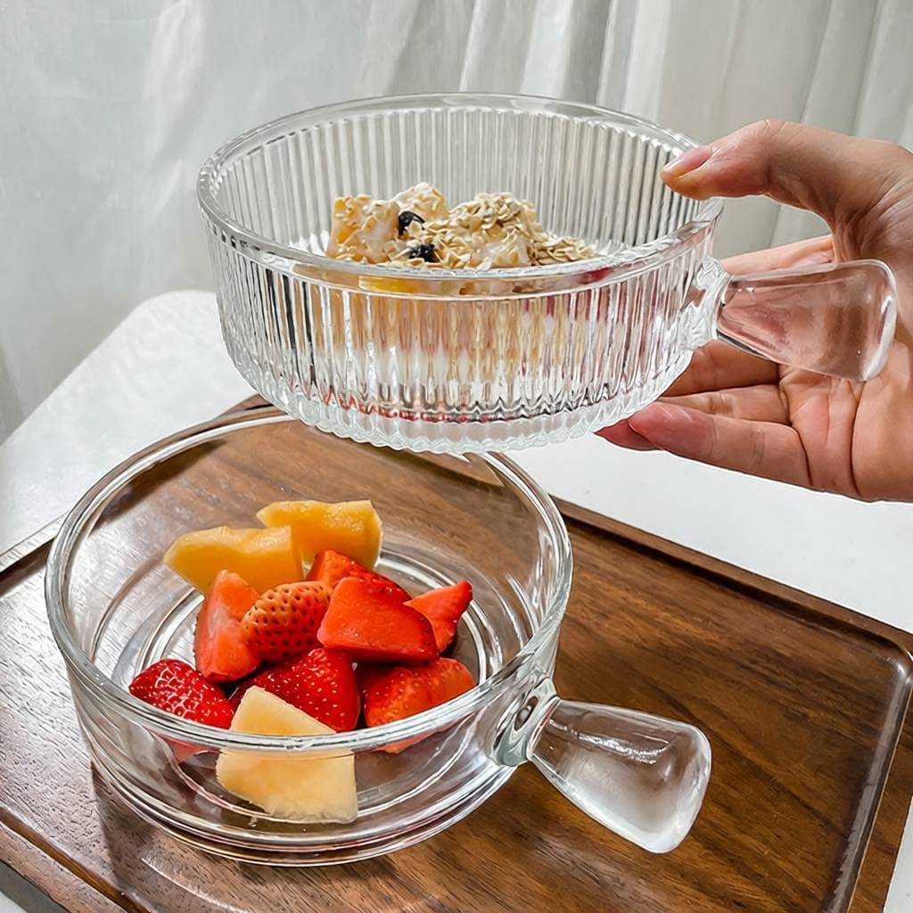 Tigela de salada de vidro doméstica estilo INS, com alça, tigela de sopa de macarrão instantâneo único, utensílios de me