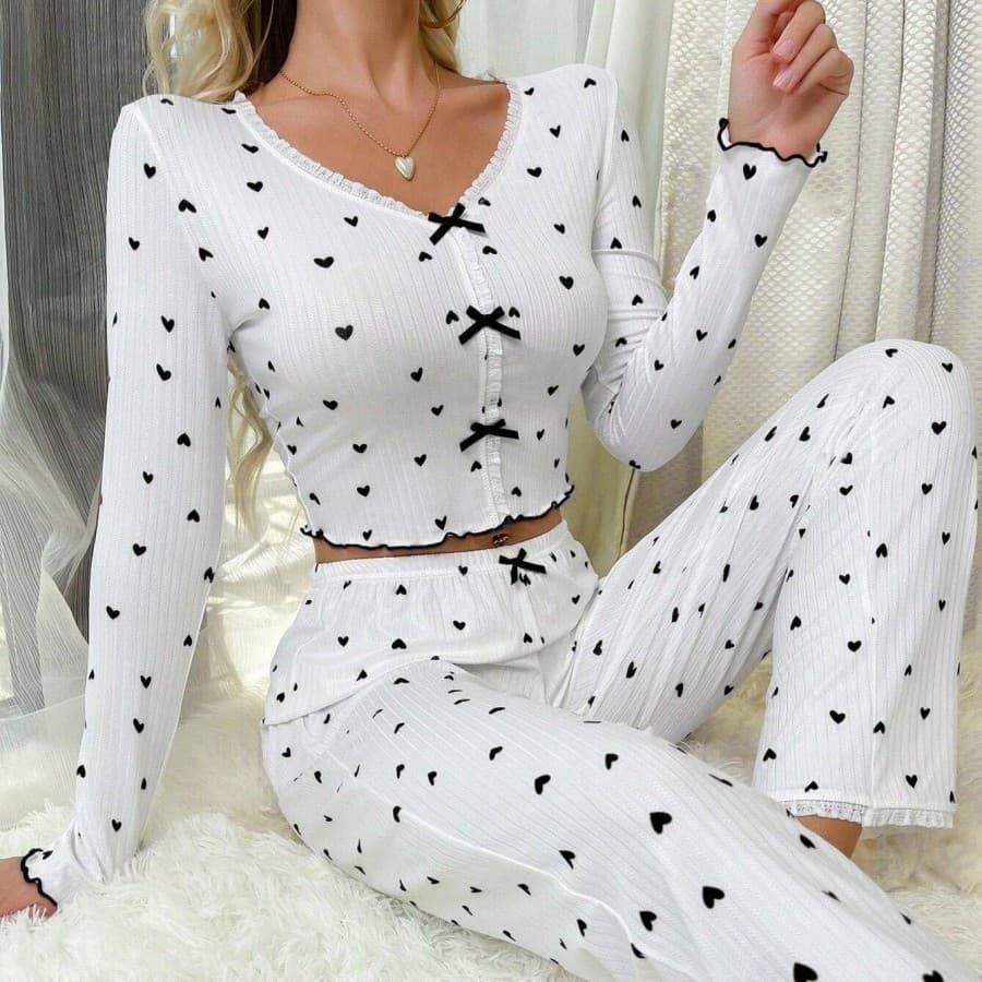 Pijama feminino de manga comprida com decote em V e estampa de corações, conjunto de duas peças com calças compridas par