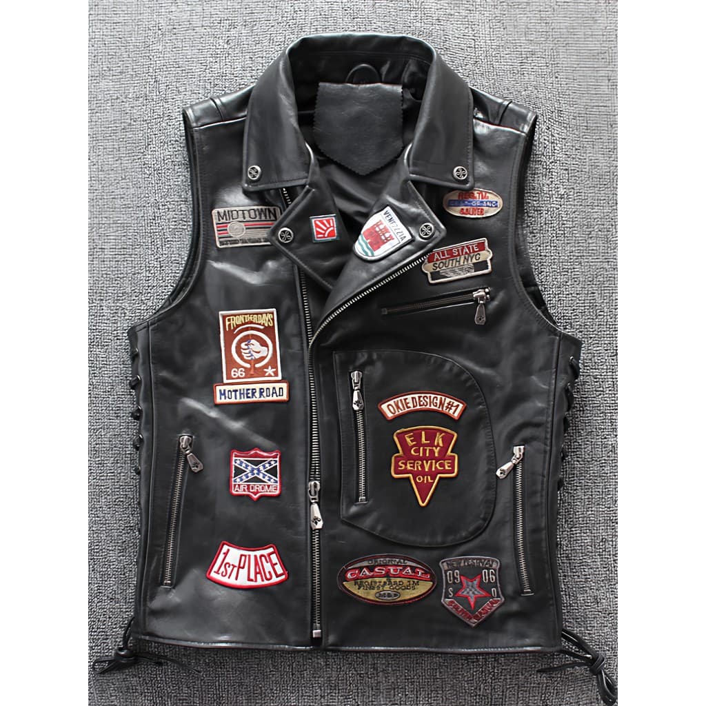 Primavera novo produto colete de couro genuíno primeira camada de couro bordado Multi-etiqueta Harley motocicleta equita