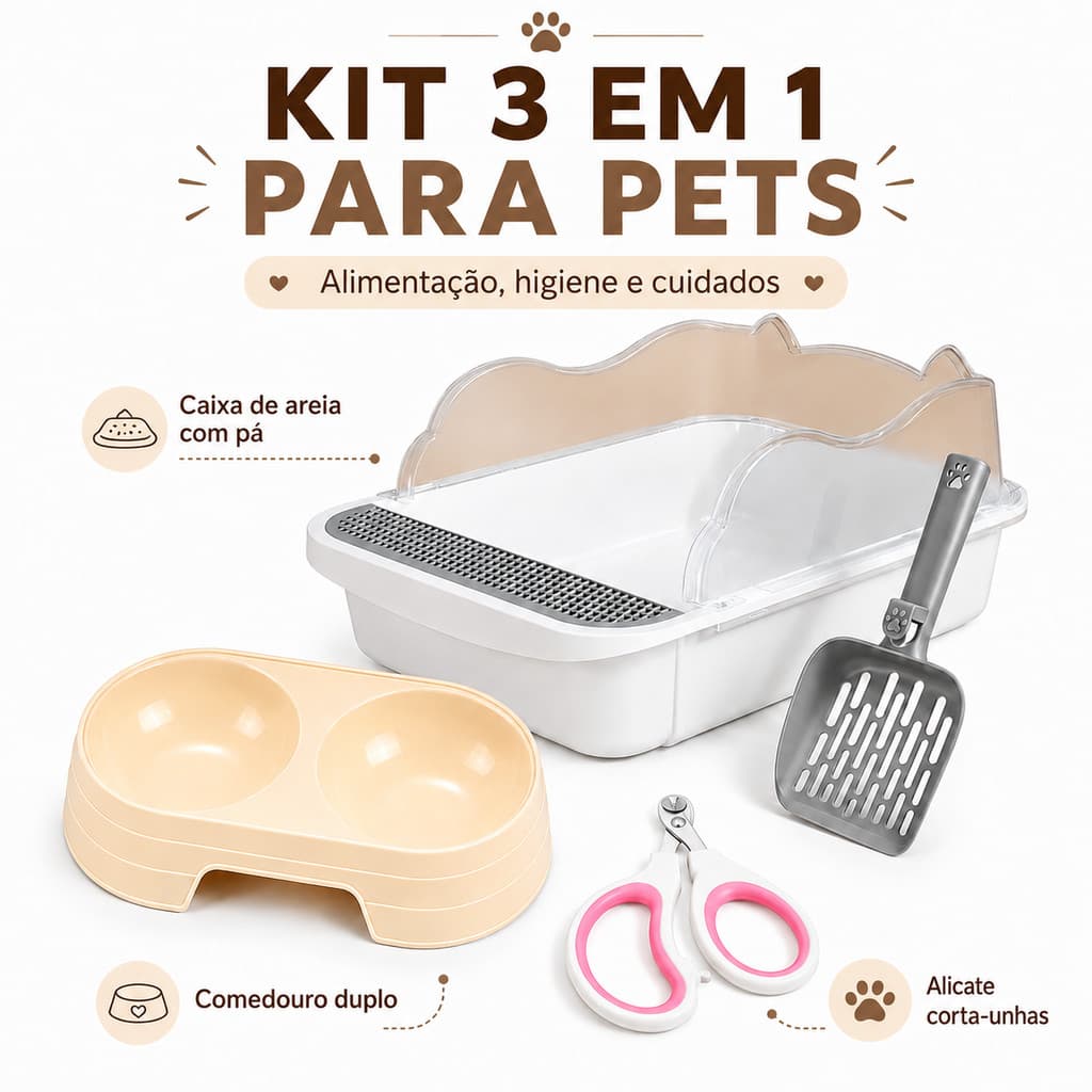 Kit Pet 3 Itens Caixa de Areia gatos com Pá + Comedouro Duplo + Alicate Cortador de Unhas para Cães e Gatos