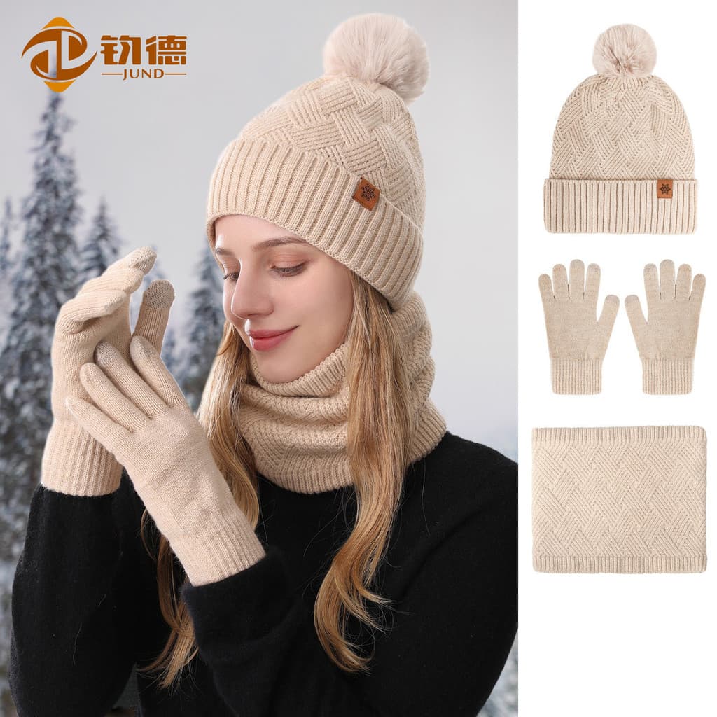 Senhoras chapéu de malha inverno à prova de frio dupla camada babador ao ar livre quente malha chapéu bib luvas conjunto