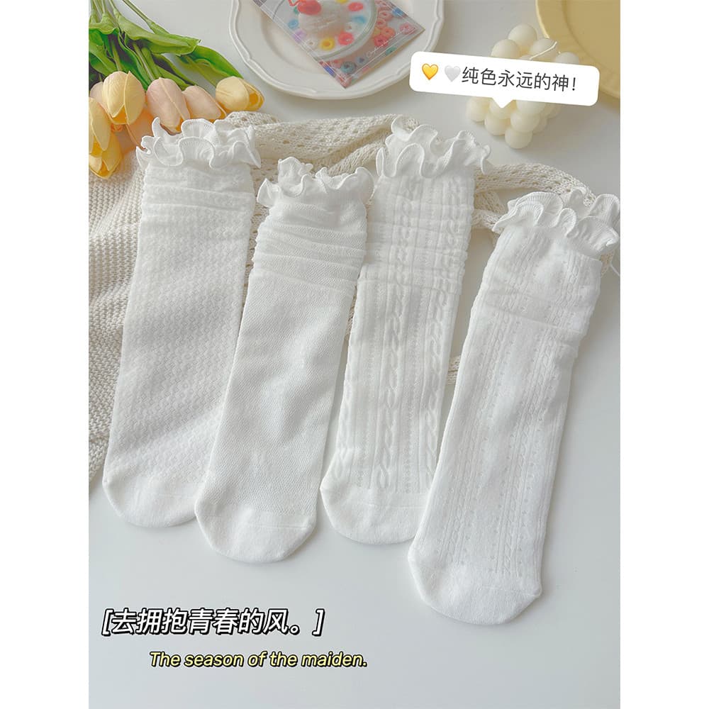 Meias de renda femininas verão estilo fino Lolita meias cano médio borda Agaric puro algodão branco pilha meias com sapa