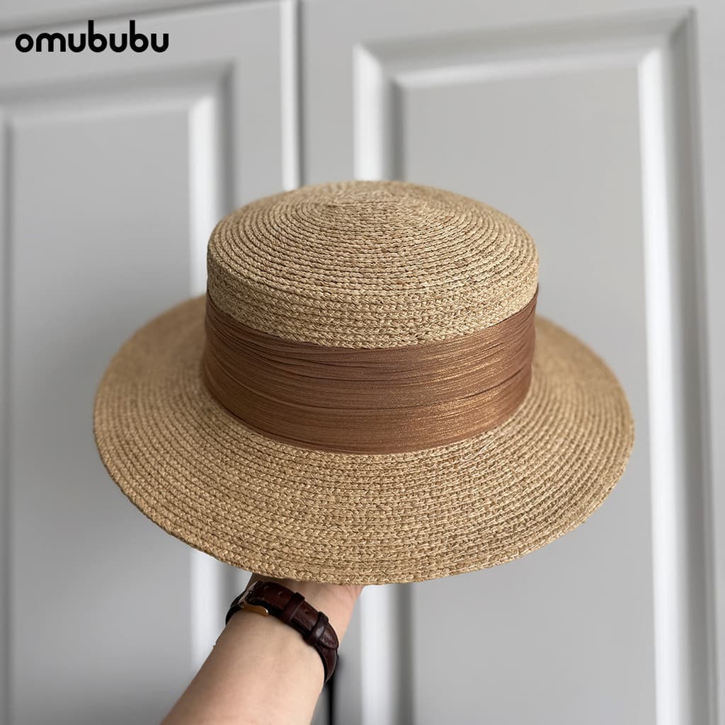 Omubububu fita plissada senhoras Retro ráfia chapéu de palha feminino verão chapéu de sol High-End chapéu de sol chapéu