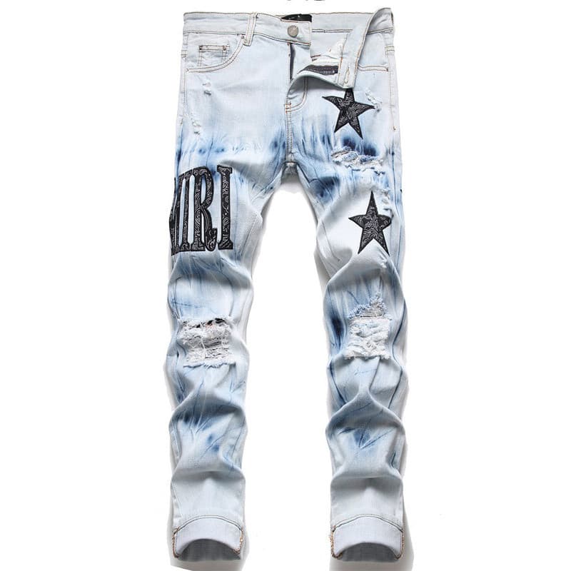Calça Jeans rasgada de cor clara masculina Slim fit calça Skinny Street Wear ins calça mendigo bordada exclusiva Stretch