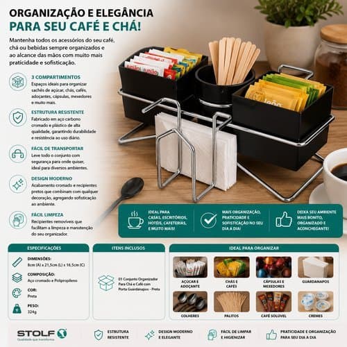 Conjunto Organizador Chá Café Porta Guardanapos Prático Organizador Mesa Cozinha