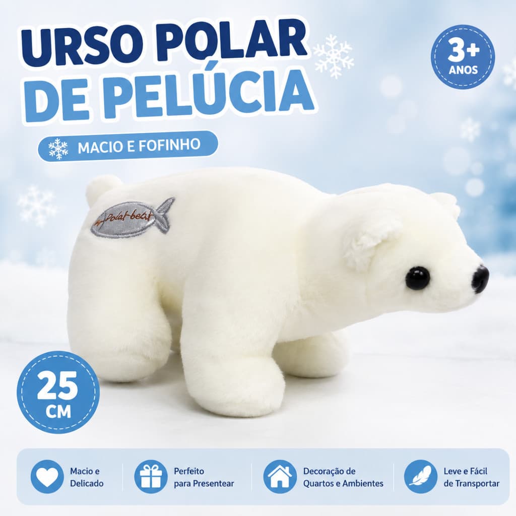 Urso Polar de Pelúcia Branco 25cm Macio Fofo Infantil Ursinho Presente Decoração