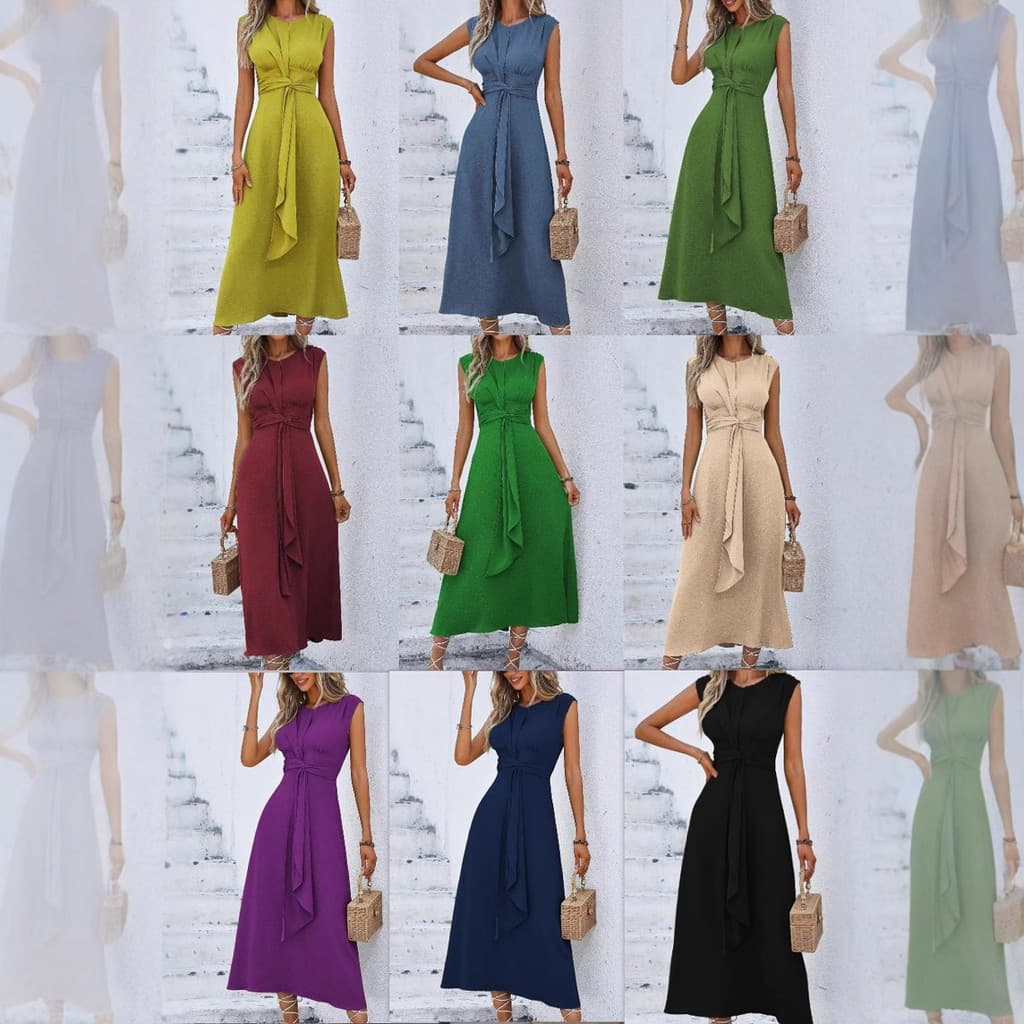 Pronto estoque 2026 novo estilo verão fresco moda feminina cor sólida cintura estreita rendas vestido longo sem mangas