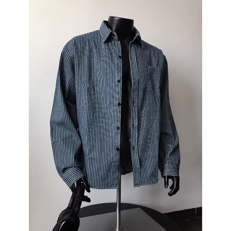 Japonês Retro listrado camisa de manga comprida masculina primavera em camadas camisa Workwear resistente ao desgaste ja