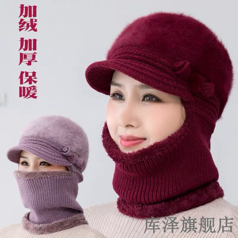 Babador de lã para mãe idosa de meia-idade, chapéu de uma peça, feminino, inverno, ciclismo, lã de pelúcia, chapéu para
