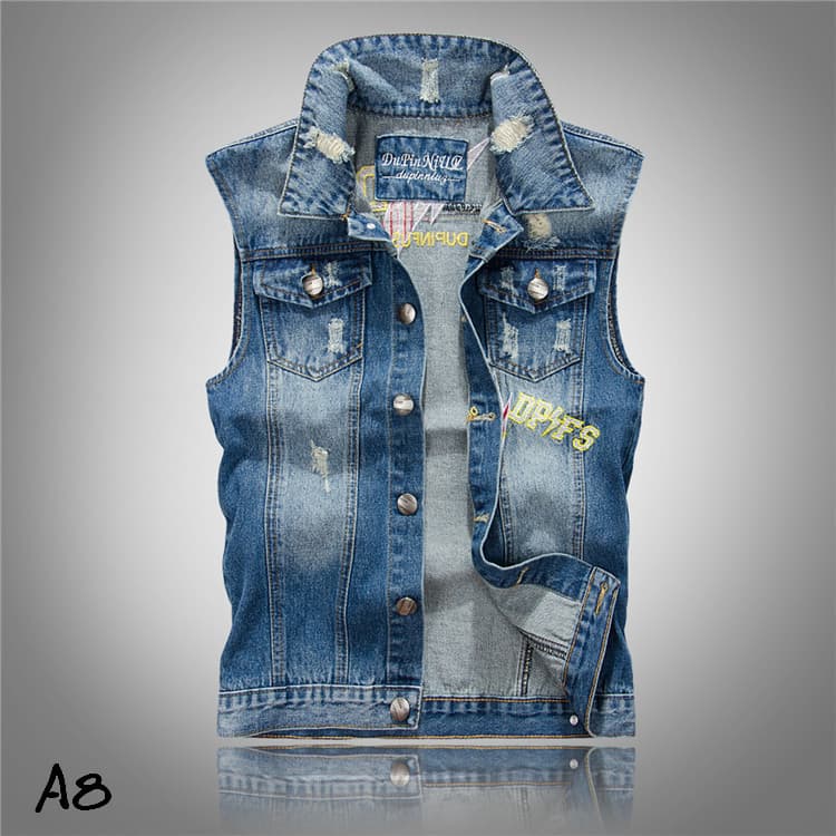 A8 único masculino Casual denim colete na moda sem mangas jaqueta Retro colete bordado denim colete