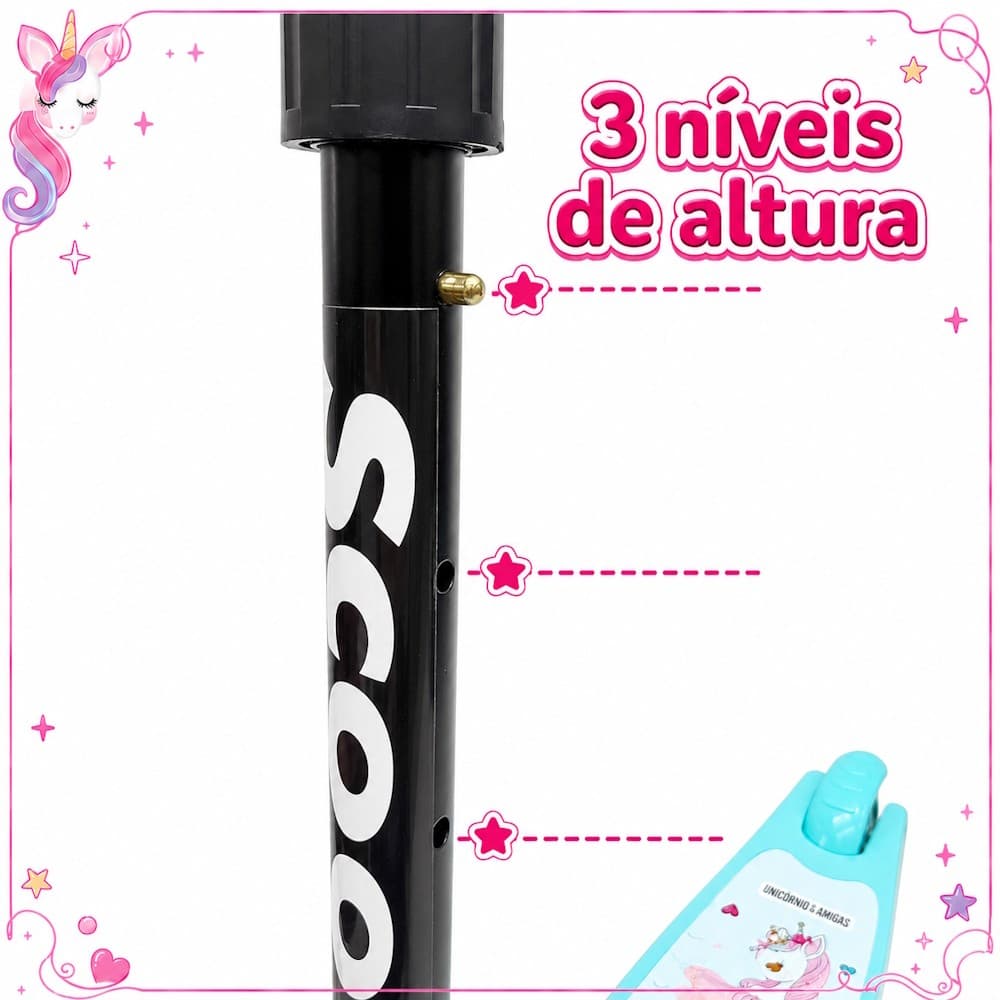 Patinete Unicórnio ou Sereia com Luzes 3 Rodas Regulagem de Altura Freio Meninas de 3 a 10 anos