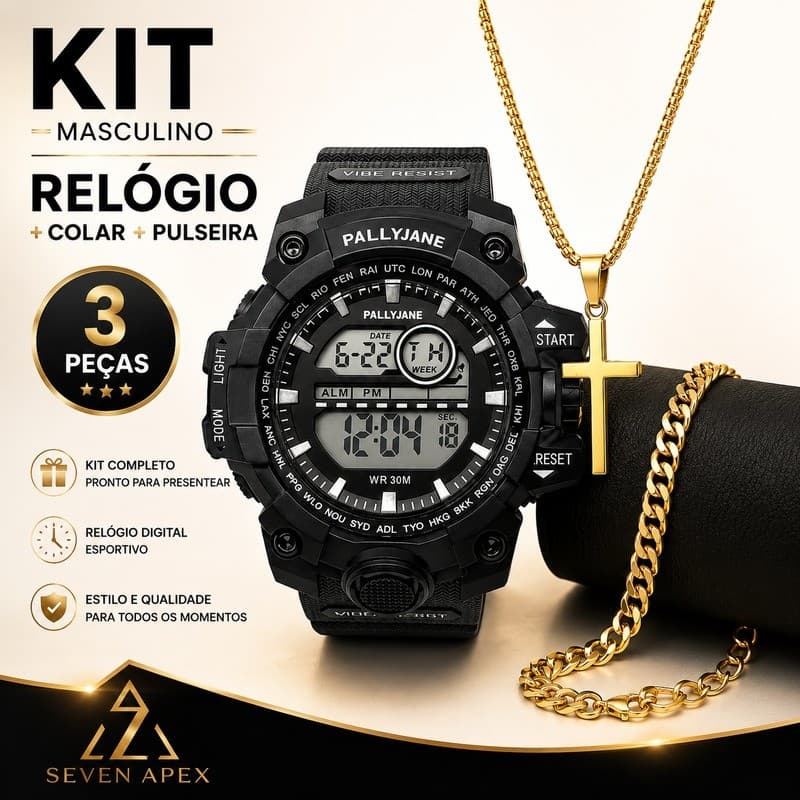 Kit Relógio Digital Masculino Esportivo + Colar Crucifixo + Pulseira Dourada Presente