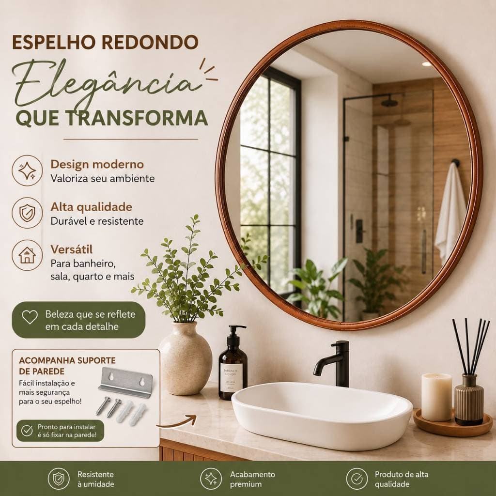 Espelho Redondo Para Banheiro 40cm Adnet Costurado Espelho de Parede Couro Decorativo Sem Alça Espelho Penteadeira