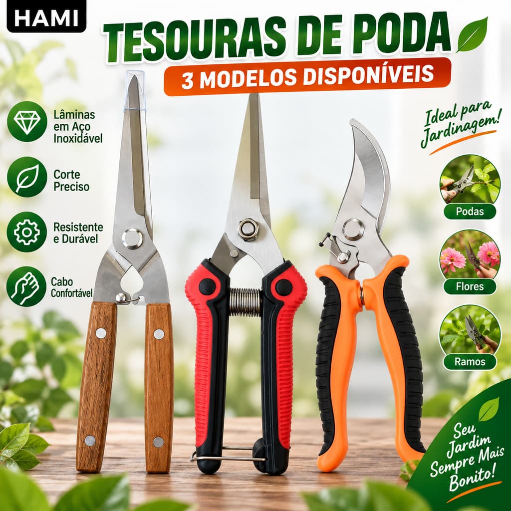 3 Modelos Tesoura de Poda para Jardim em Aço Inox com Trava de Segurança e Cabo Ergonômico