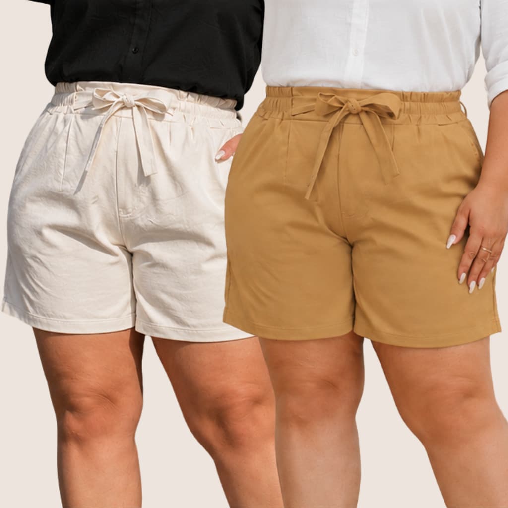Kit 2 Short Bermuda Plus Size Linho Cintura Alta Confortável Elastico Cós Liso Elegante Soltinho Premium Caqui/ Cru