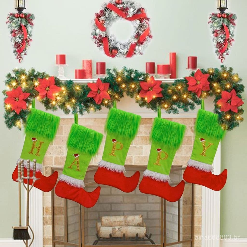 Decoração de Natal, elfo, meias de Natal, meias de Natal Grinch com letras DIY, sacola de presente, enfeite para árvore