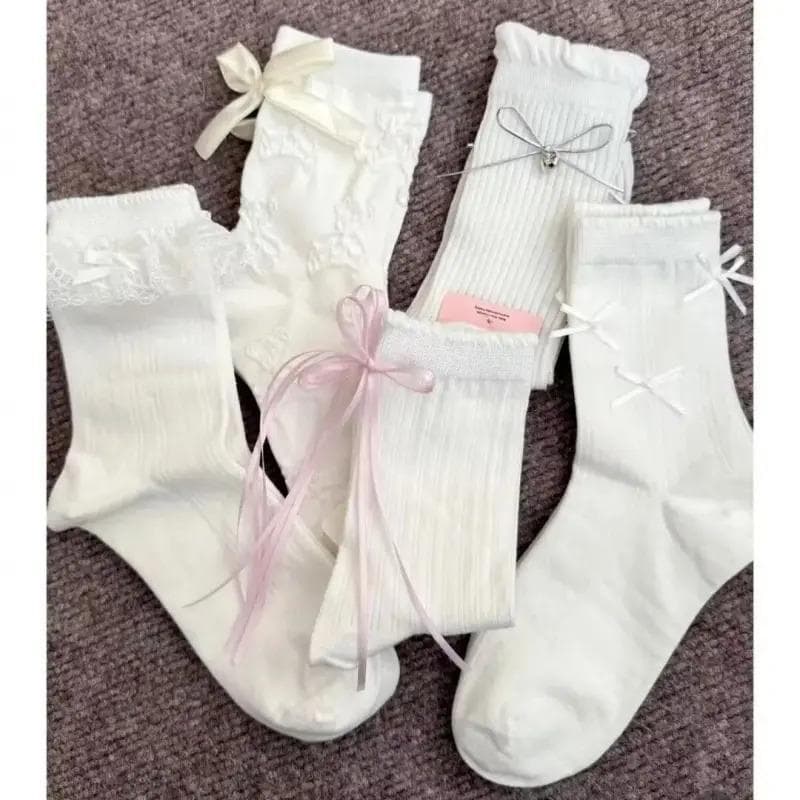 Meias brancas femininas meias de cano médio verão estilo fino algodão ik Lolita estilo balé renda menina arco meias