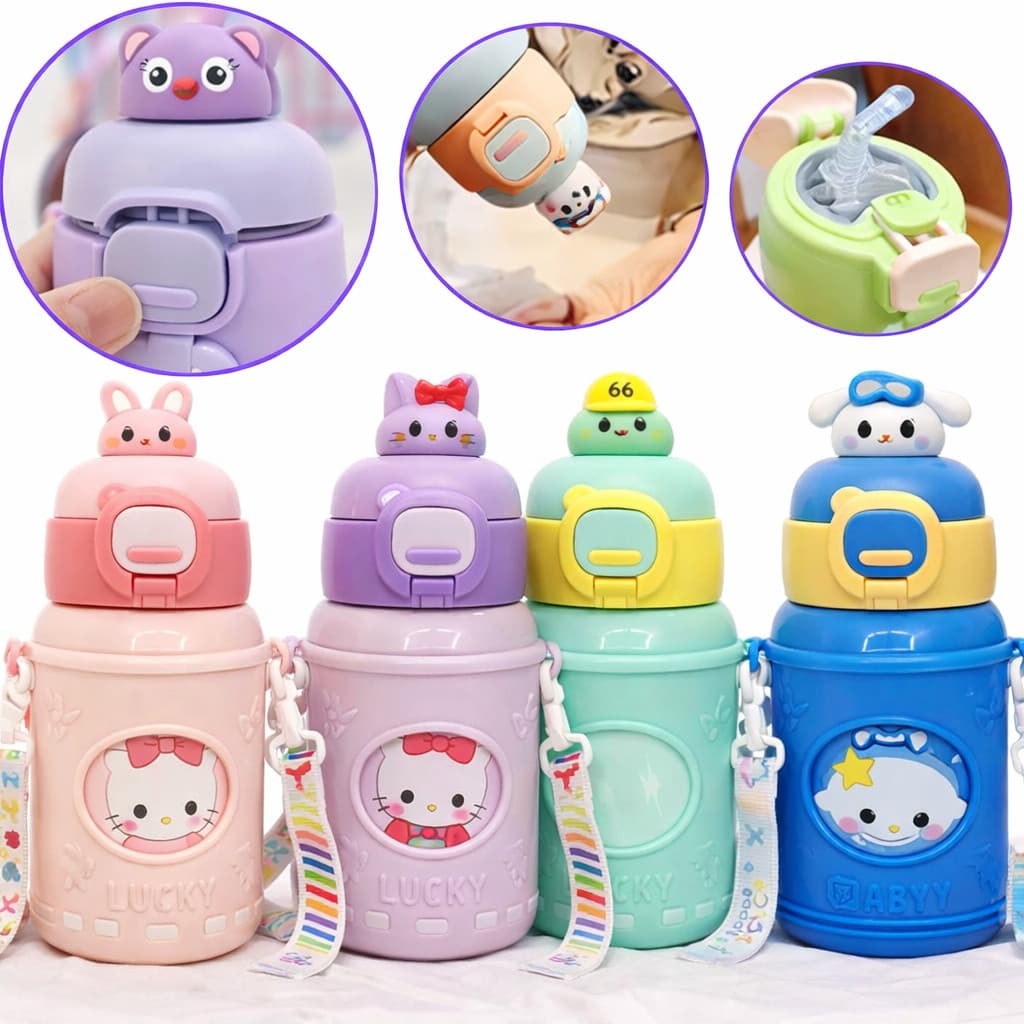 Garrafa Térmica Infantil 500ml com Canudo + Alça 🧸 Antivazamento | Mantém Quente e Frio (A78)